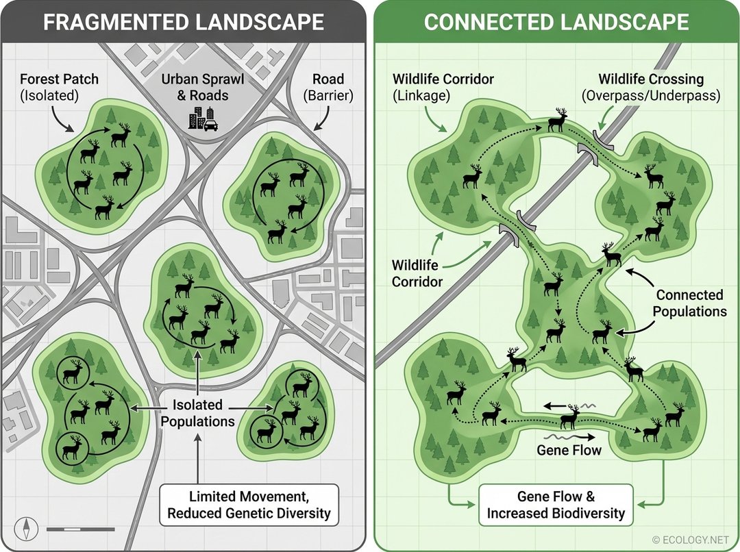 Diagram illustrating fragmented landscapes with isolated animal populations versus connected landscapes with wildlife corridors enabling gene flow.
