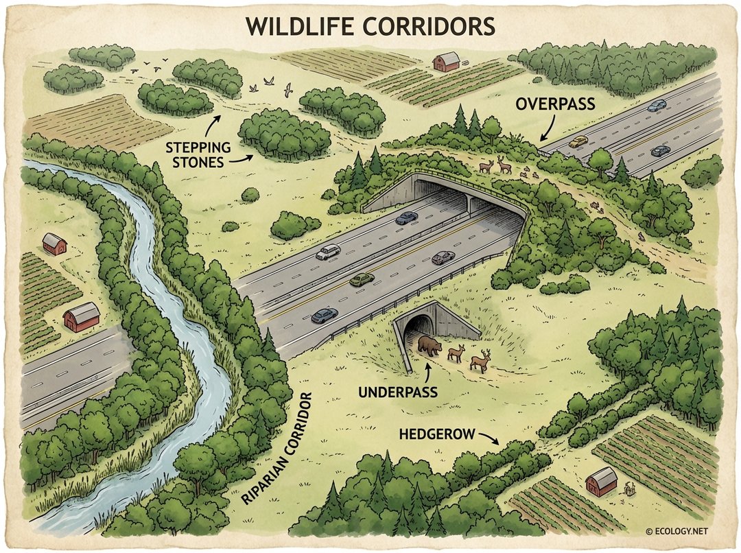 Illustrative diagram showcasing various wildlife corridor types including overpasses, underpasses, stepping stones, riparian corridors, and hedgerows.