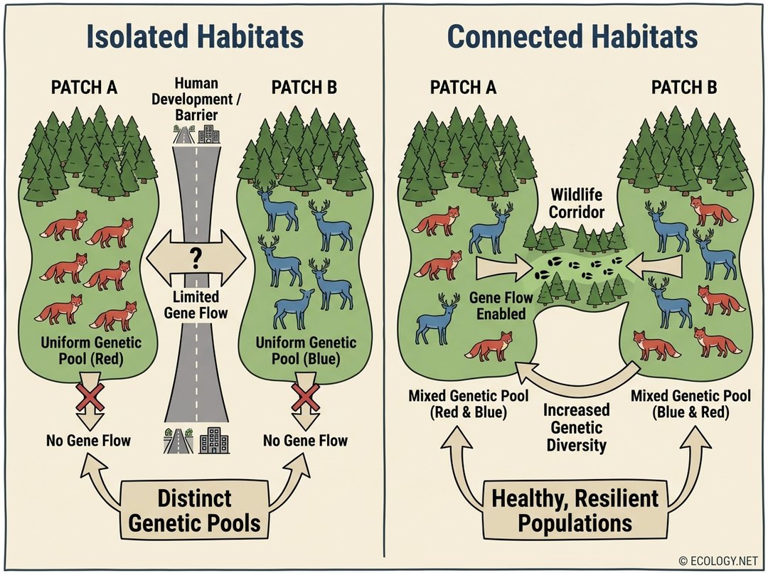 Diagram showing how isolated habitats lead to distinct, uniform animal populations while connected habitats via wildlife corridors result in increased genetic diversity and gene flow.