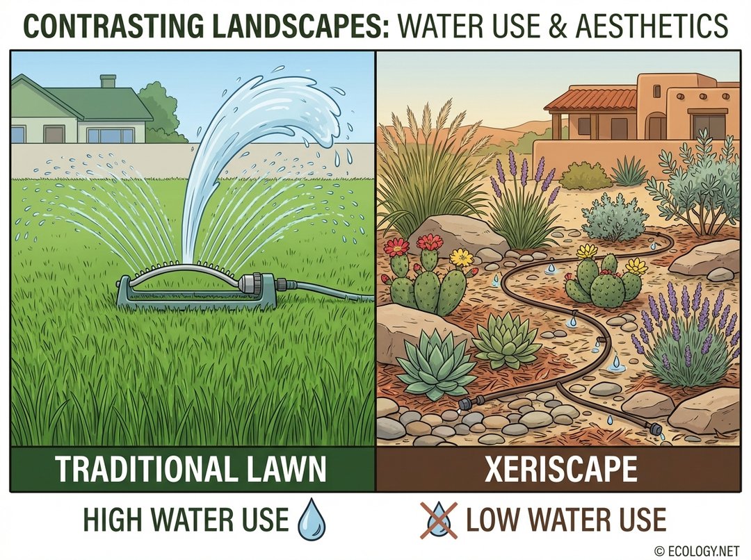 Diagram contrasting a high water use traditional lawn with a low water use xeriscaped garden.