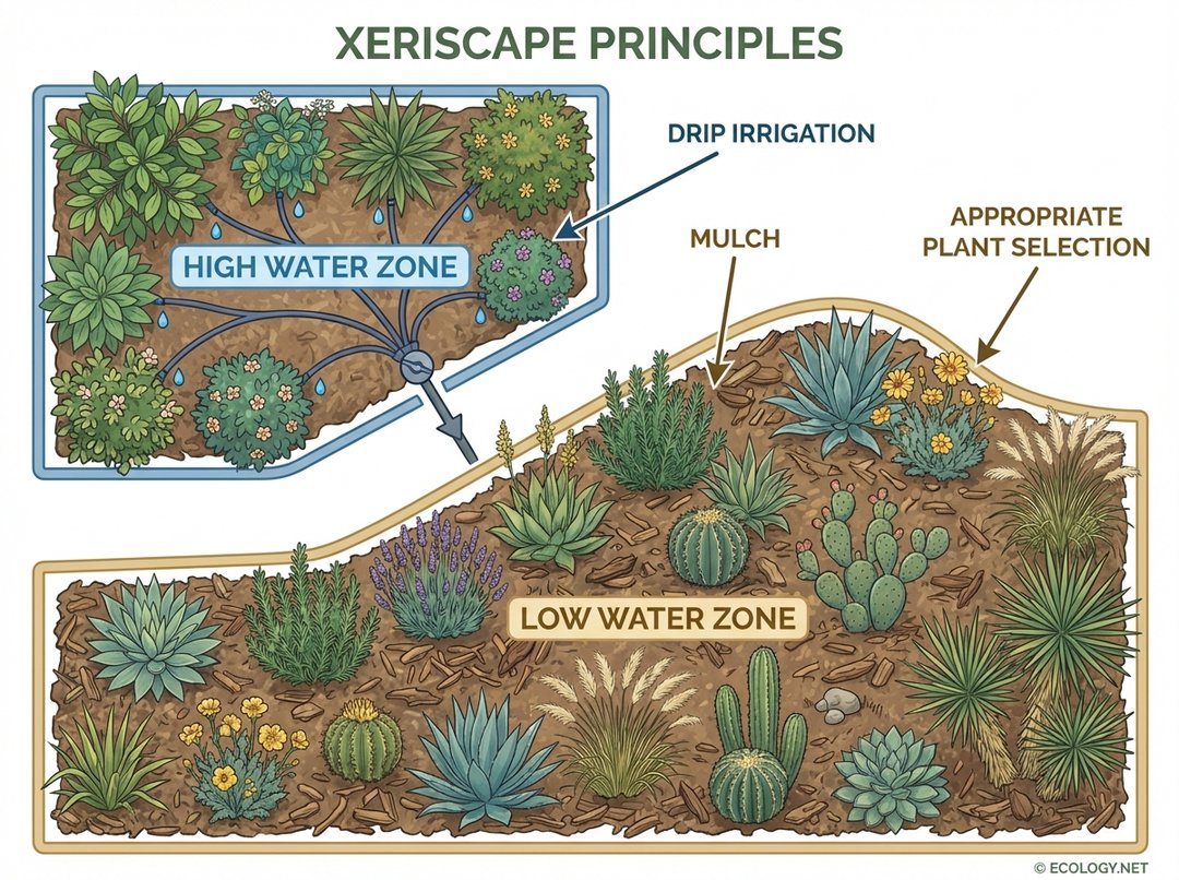 Aerial diagram of a xeriscaped garden showing high and low water zones, mulch, and drip irrigation.