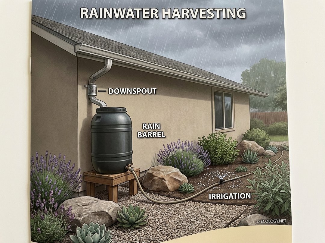 Illustrative diagram of a house with a rain barrel collecting water from a downspout for garden irrigation.