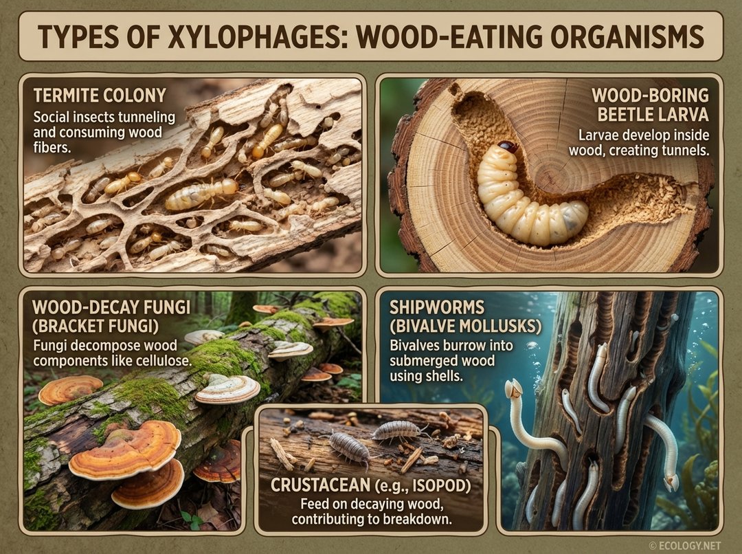 Infographic showing diverse xylophages: termite colony, wood-boring beetle larva, wood-decay fungi, shipworms, and a crustacean on wood.
