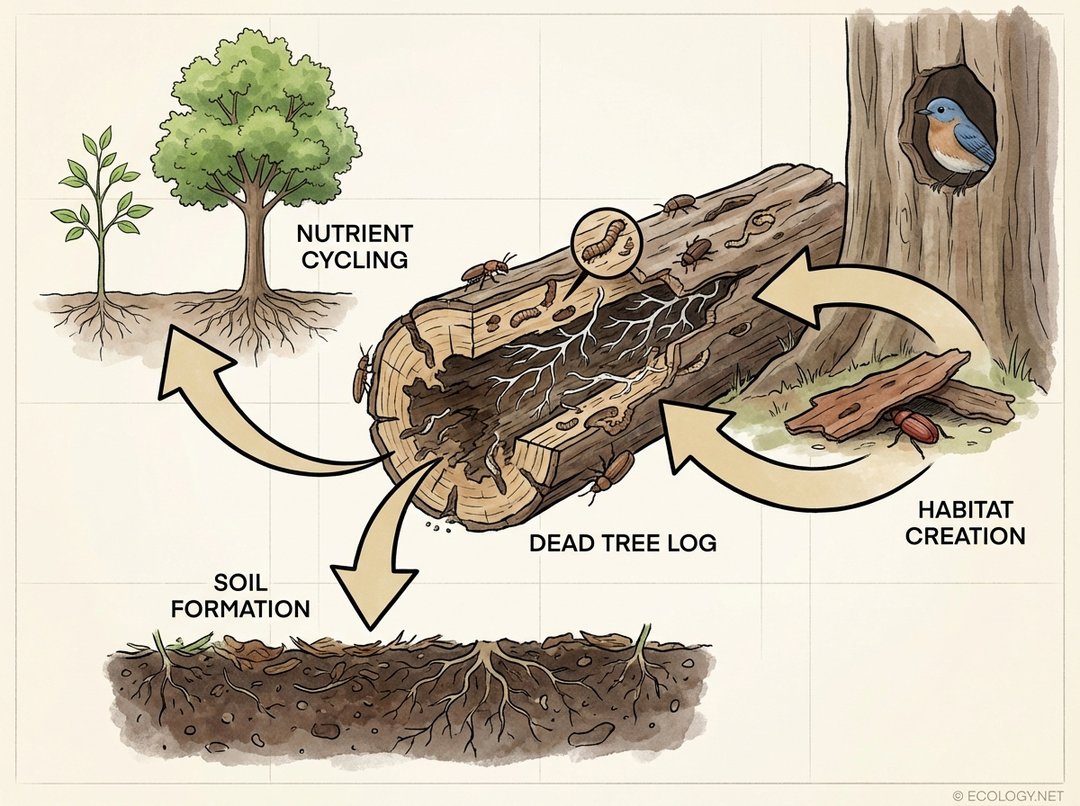 Diagram illustrating the ecological importance of xylophages, showing a dead log being broken down, leading to nutrient cycling, soil formation, and habitat creation.