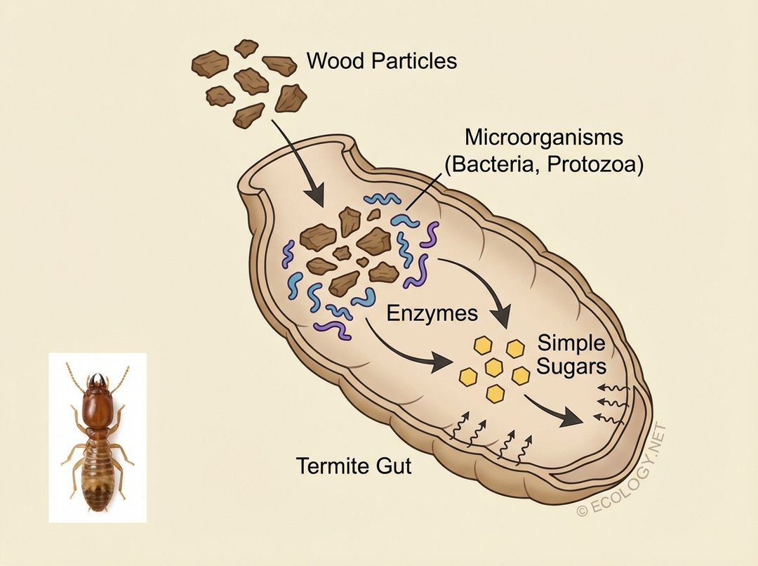 Diagram explaining symbiotic wood digestion in termites, showing wood particles entering a termite gut where microorganisms release enzymes to convert wood into simple sugars.