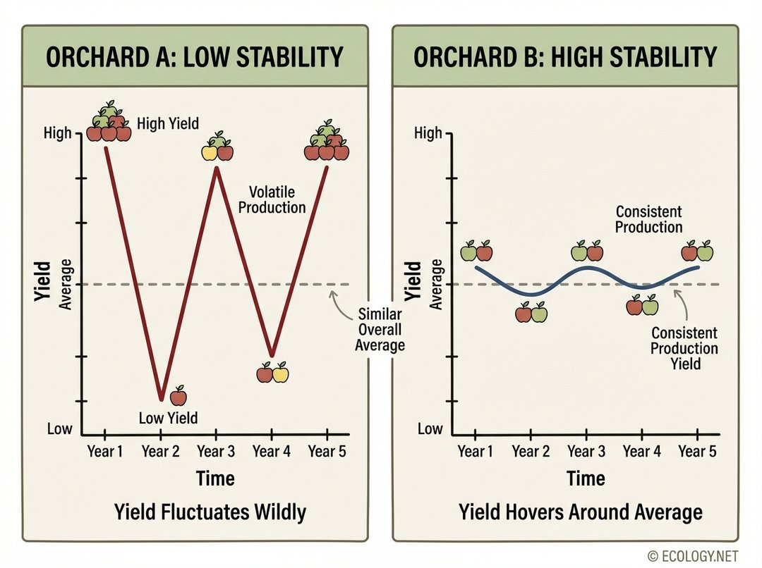 Diagram comparing two apple orchards' yield over 5 years, showing Orchard A with low stability (fluctuating yield) and Orchard B with high stability (consistent yield), despite similar average yields.