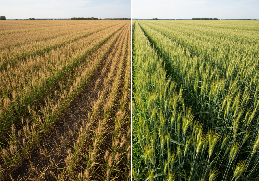 A split screen image showing two wheat fields. The left side displays patchy, uneven wheat growth with brown spots, indicating variable and unstable yield. The right side shows a uniform, healthy green wheat canopy, representing consistent and stable yield.