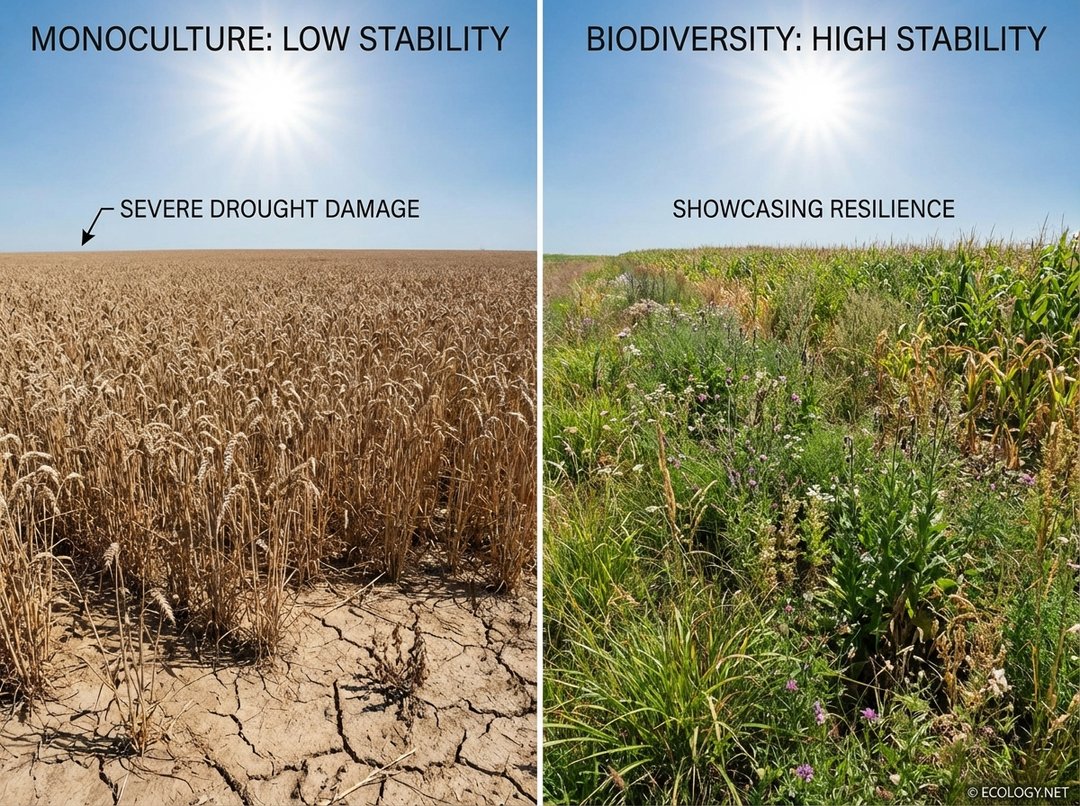 Photo-realistic image showing the impact of drought: a wilting monoculture wheat field on the left (low stability) and a vibrant, diverse mixed crop field on the right (high stability) with some plants thriving.