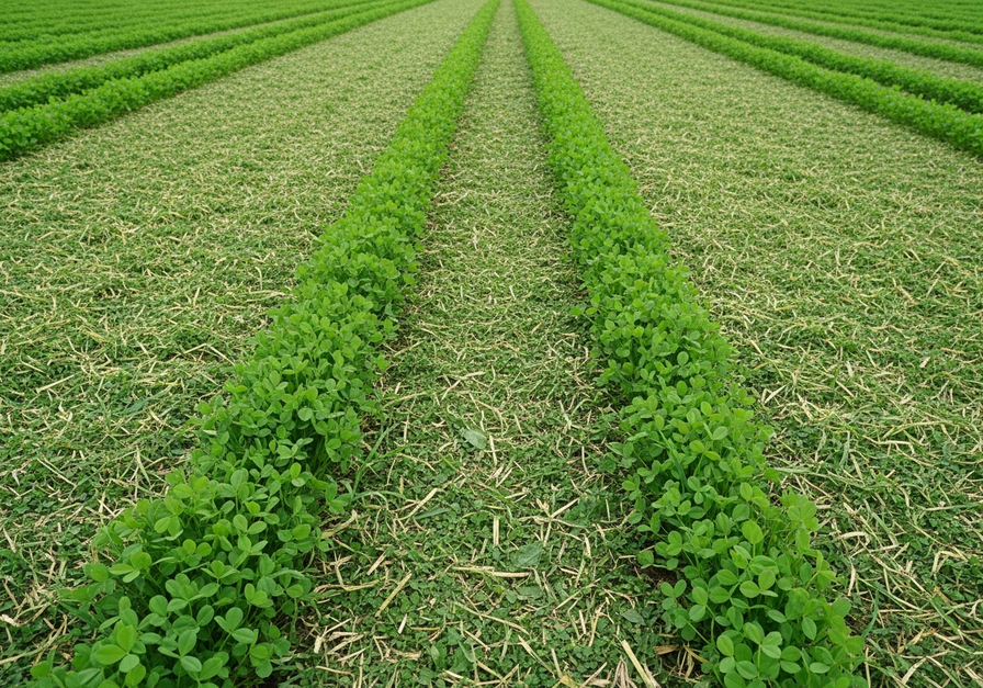 A ground level photo of a wheat field managed with no till conservation tillage. The soil surface is covered with green crop residue and mulch, with no visible disturbed soil, and a healthy cover crop growing between rows, demonstrating reduced erosion and improved soil structure.