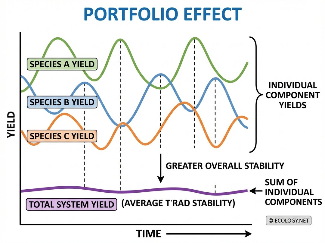 Illustrative diagram showing three individual wavy lines representing fluctuating yields of Species A, B, and C, combining to form a single, much flatter, and more stable line representing the total system yield.