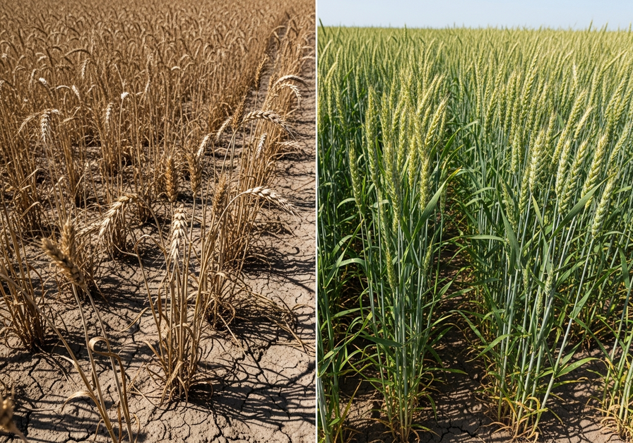 A split screen image showing two wheat fields under identical drought conditions. The left side shows wilted, brown wheat stalks, indicating severe stress. The right side displays a healthy, green wheat variety thriving, suggesting the presence of drought tolerant genes that buffer yield against environmental extremes.