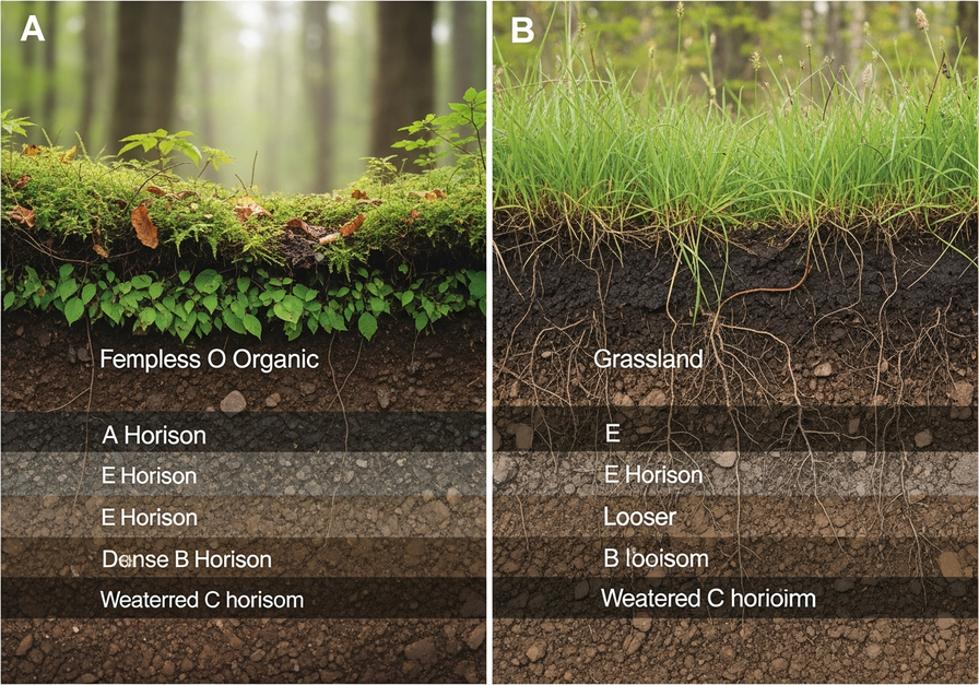 Side-by-side comparison of a forest soil profile with thick organic layers and a grassland soil profile with a deep, dark topsoil.