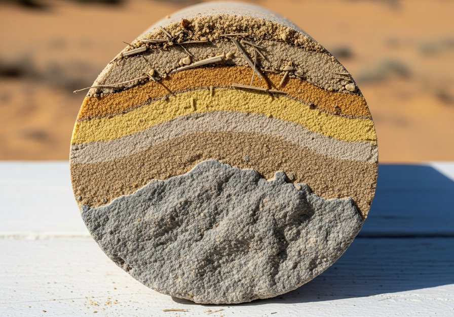 A close-up of a desert soil core showing thin, light sandy layers and a rugged stone base.