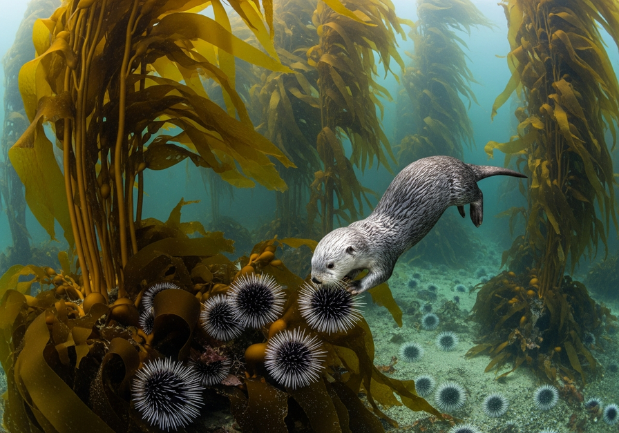 A close-up shot of a kelp forest with towering fronds and scattered sea urchins, featuring a sea otter feeding on urchins, illustrating predator-prey dynamics in maintaining ecosystem health.